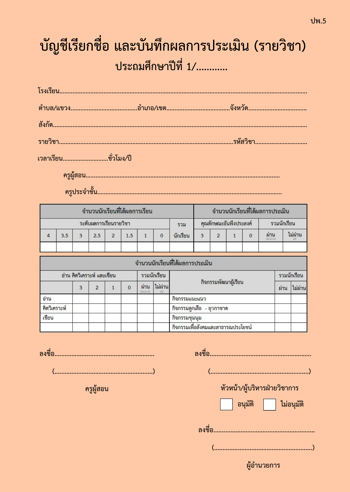 ปพ.5 บัญชีเรียกชื่อ และบันทึกผลการประเมิน ป.1 (รายวิชา)